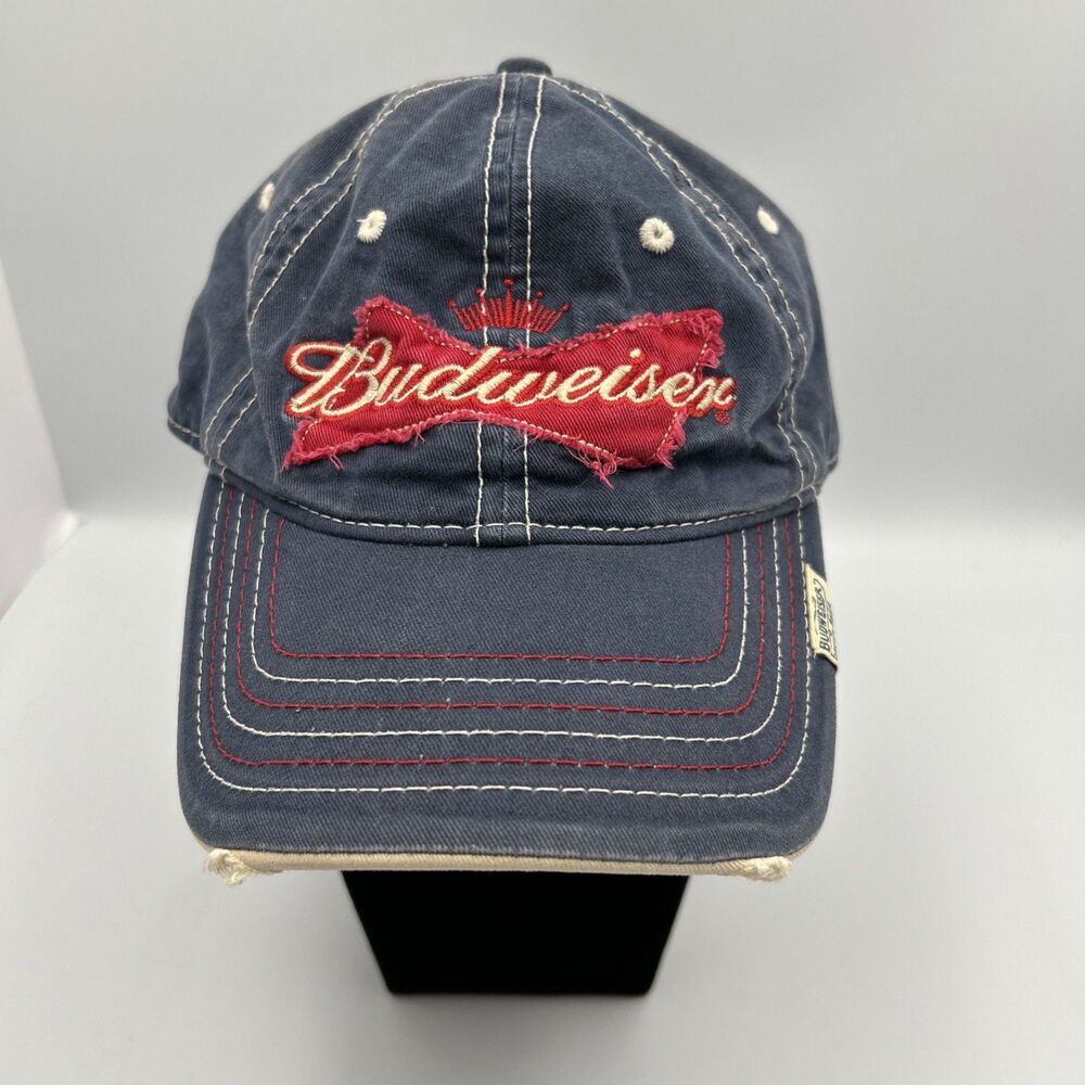 Budweiser Beer Cap Distressed Patch Logo Denim Adjustable Hat Navy